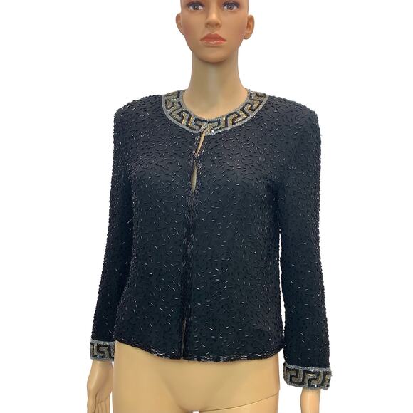 90s Y2K Black Heavily Beaded Silk Jacket Gold Silver Greek Key - Picture 5 of 10